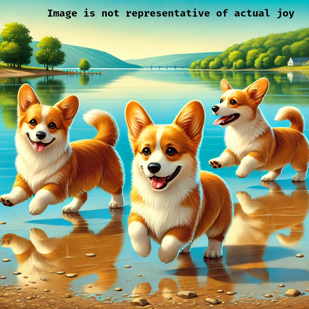 AI generated image of three corgies playing in shallow water