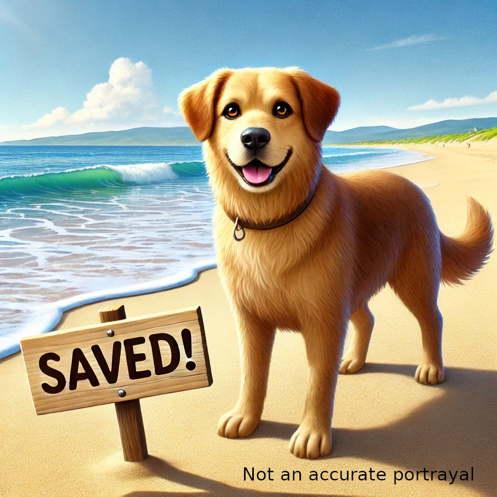 AI generated image of a dog with standing by a saved sign on a beach